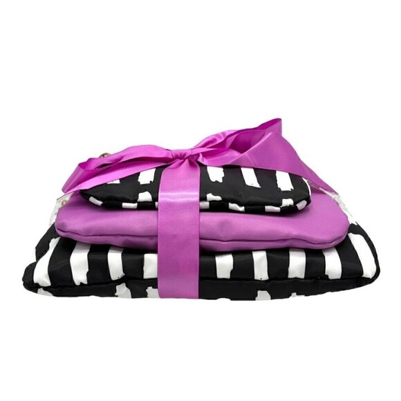 NWT Trina Set of 3 PCs Cosmetic Makeup Bag Cases Black & White Stripes Pink - Picture 4 of 9